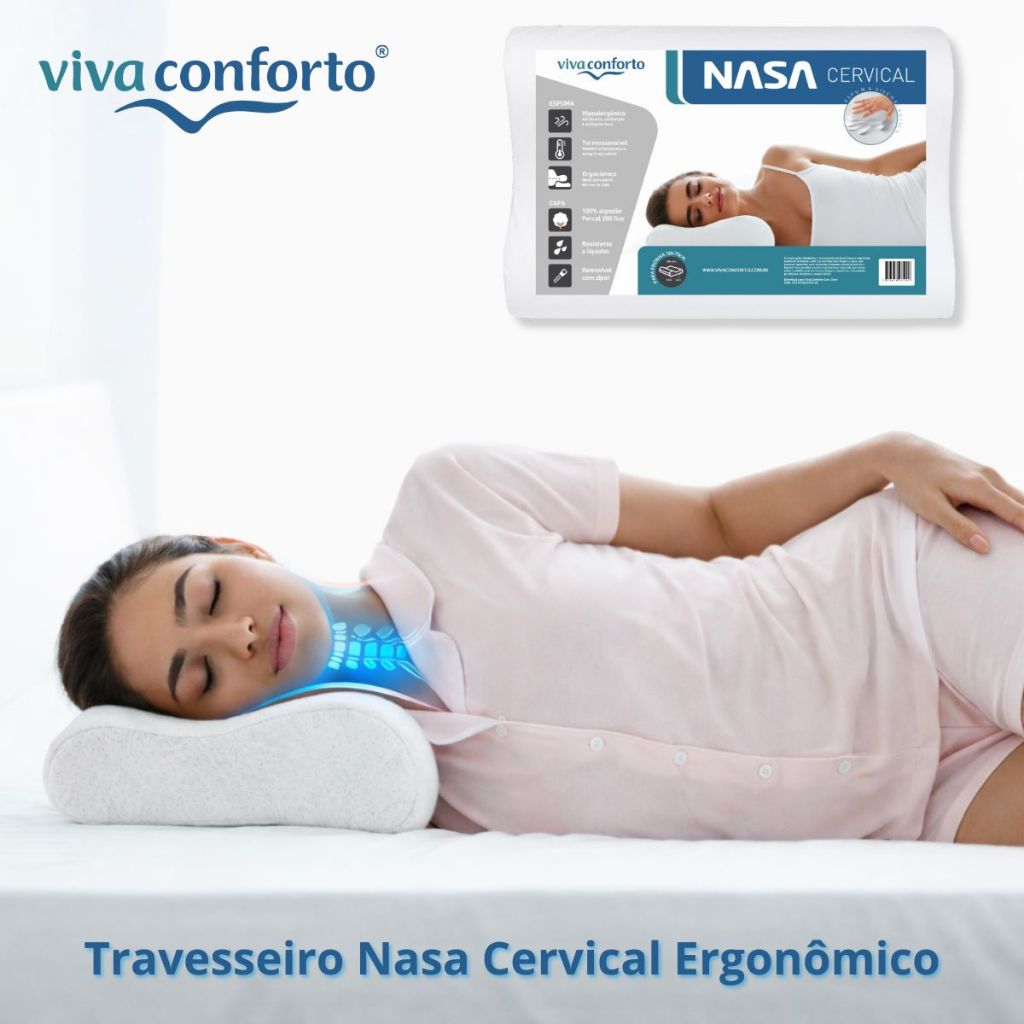Travesseiro Nasa Cervical Viva Conforto Anatômico Ortopédico Visco Capa Percal 200 Fios 100% Algodão