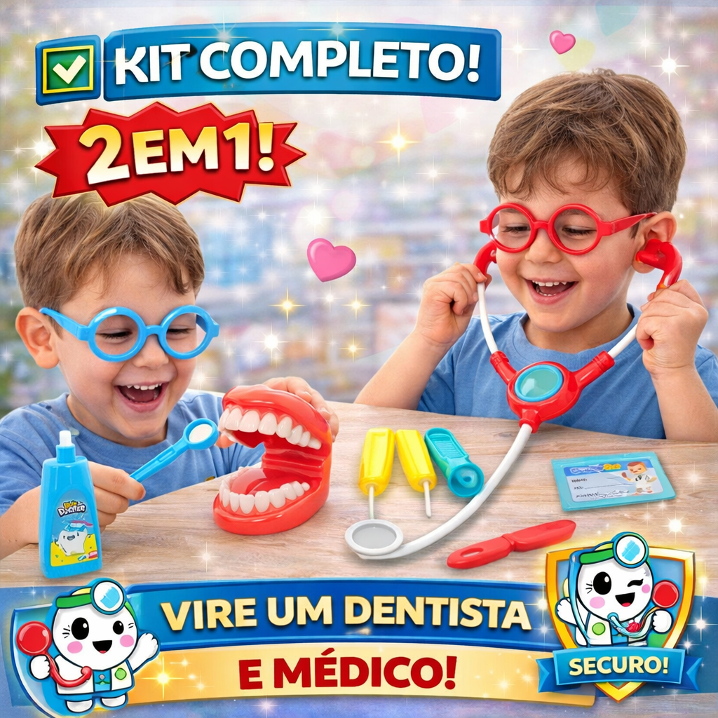 Kit Médico + Dentista Infantil Brinquedo Educativo Completo 2 em 1 Faz de Conta +3 Anos