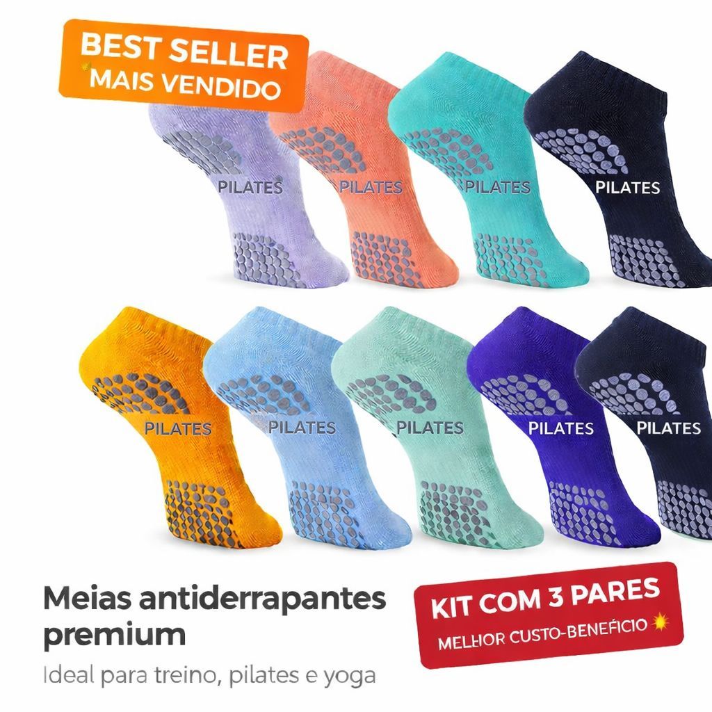 Kit 1 ou 3 Pares Meias Sapatilha Antiderrapante Adulto Feminino Pilates Hidroginástica Yoga em Oferta na Shopee