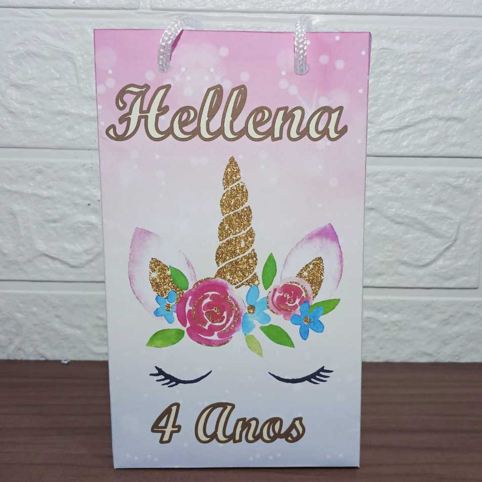 Kit Sacolinha Personalizada Unicórnio Rosa para Lembrancinhas Festa Infantil
