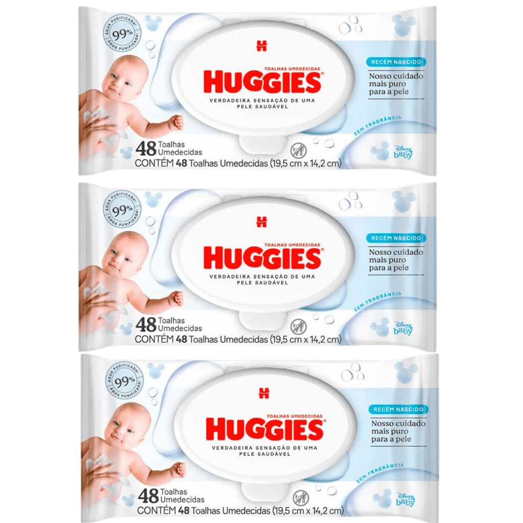Kit 3 pacotes de Toalhas Umedecidas Huggies Recem Nascido com 48 un cada  - 144 unidades de Lenço