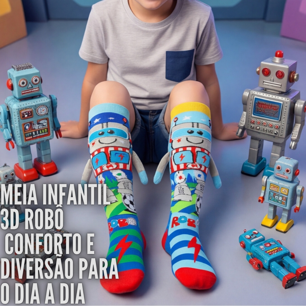 Meia Infantil 3D Personagem Robô Cano Alto Colorida Macia Antiderrapante