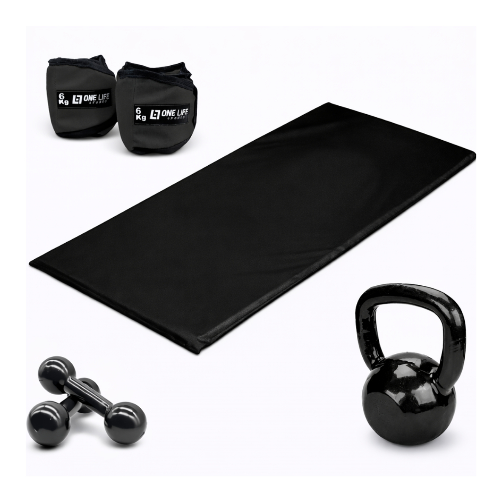 Kit Treino Colchonete + Caneleira 6kg + Halter 4kg + Kettlebell 8kg One Life Sports® | Funcional