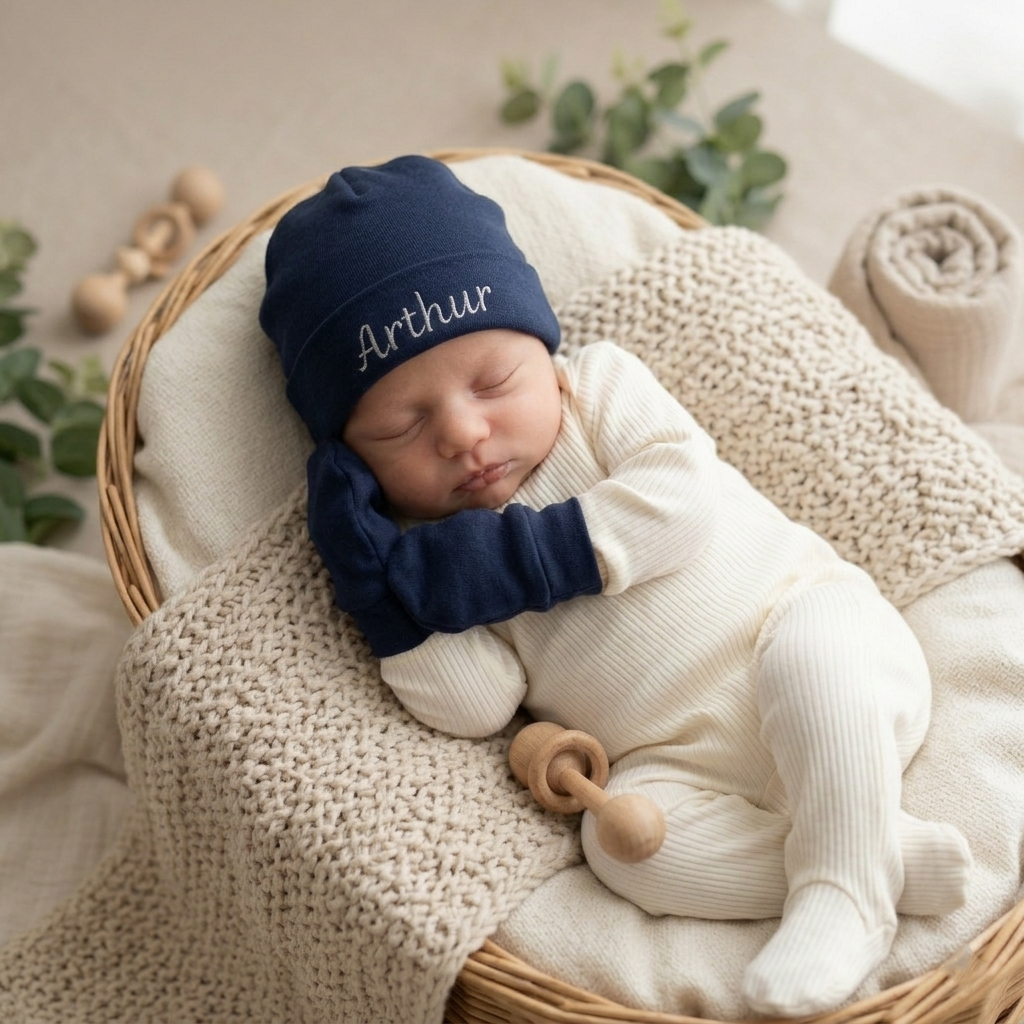 Touca Luva Azul Marinho Nome Bordado Bebê Personalizado RN Luxo