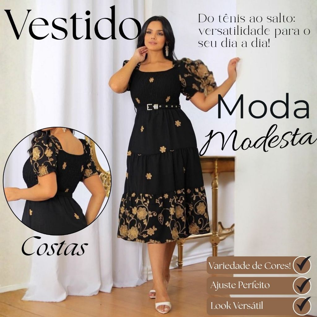 Vestido com Elastex no Busto Manga Bufante Curta, Ajuste Perfeito, Confortável e Elegante|Único 42-44