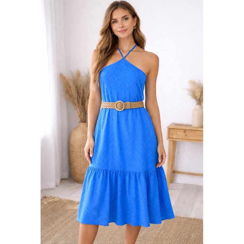 Vestido Feminino Rovitex Midi Soltinho Alcinha de Amarrar no Pescoço com Babado.🚨conferir tabela de medidas 🚨