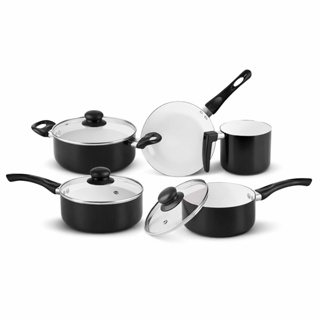 Conjunto Panelas em Cerâmica 5 Peças Antiaderente Tampa em Vidro  Gás Fogão 3 Cores Premium Caçarola em Oferta na Shopee