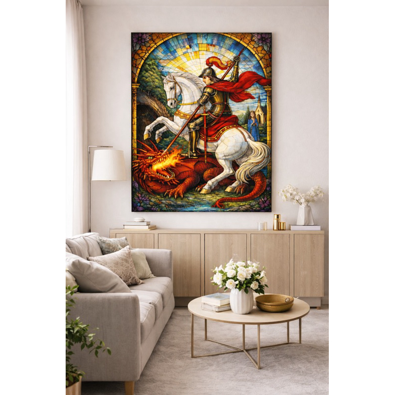 Quadro decoração São Jorge estilo vitral ou personalizado sala hall casa quarto escritório