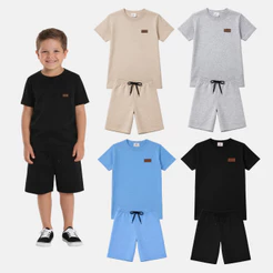 Kit 5 Conjuntos Infantil Monocromático Masculino Verão Camiseta e Bermuda Lisa Menino Juvenil 10 Peças 1 ao 14