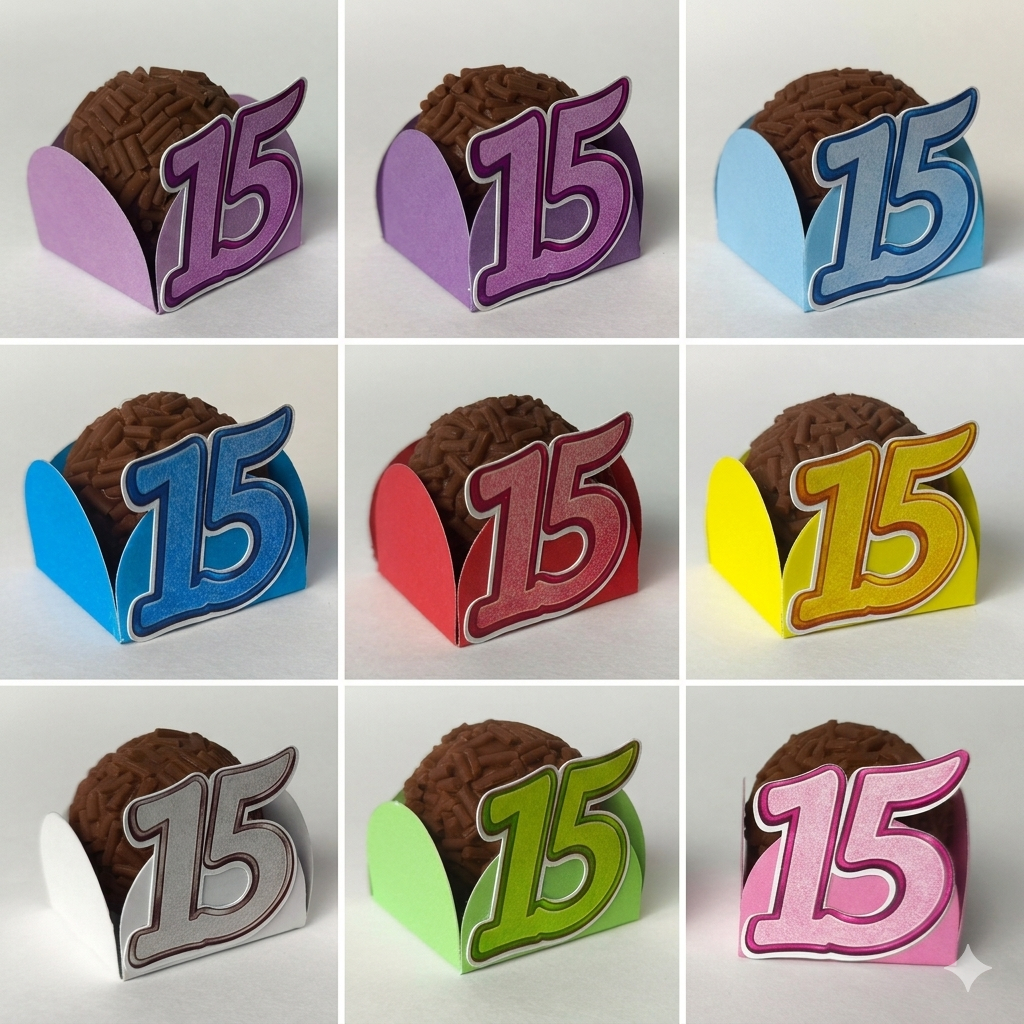kit Forminhas com Apliques Número 15 para Docinhos Festa Aniversário / 15 anos - Diversas Cores