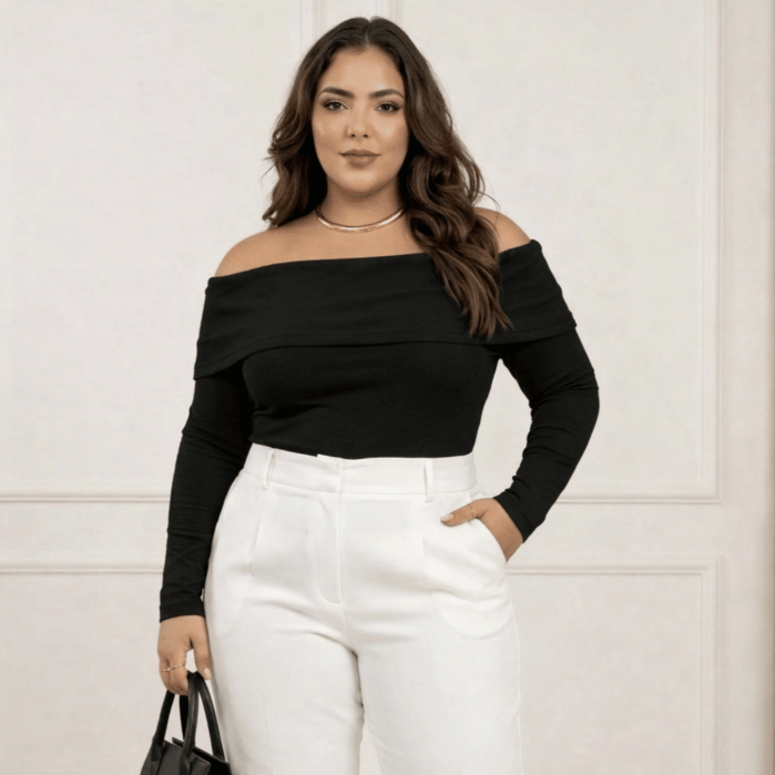 Blusa Feminina Ombro a Ombro Manga Longa Plus Size Tecido Canelado Modelagem Confortável Elegante Estilosa