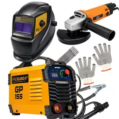 Kit Máquina de Solda GP 155A 127V Esmerilhadeira 720W 127V Máscara Luvas Eletrodo Pró Euro