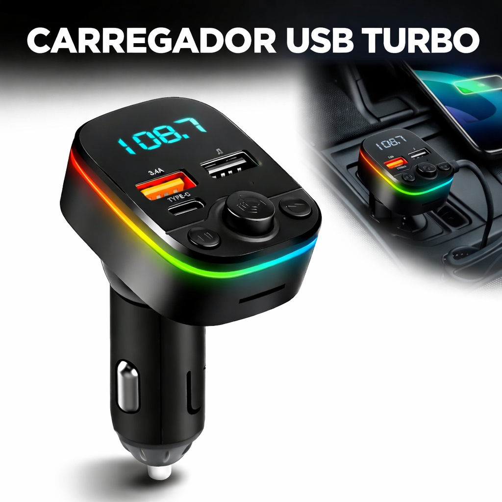 Carregador USB Turbo PD 20W Carro TYPE-C Transmissor Receptor FM Bluetooth Veicular MP3 Rádio Com Luz LED Arco-Íris lulu