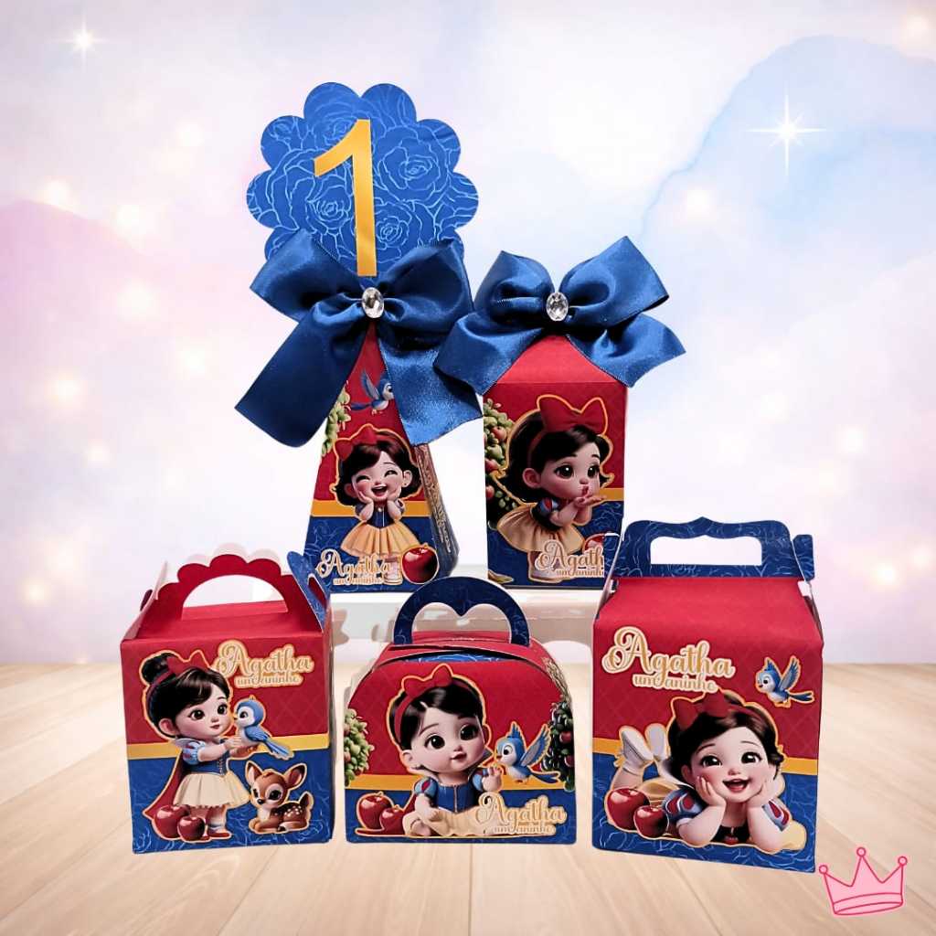 Kit Festa Princesa Branca de Neve - Infantil - LAÇO AZUL - Caixas Personalizadas - PEGUEeMONTE - Lembrancinha - Mesa