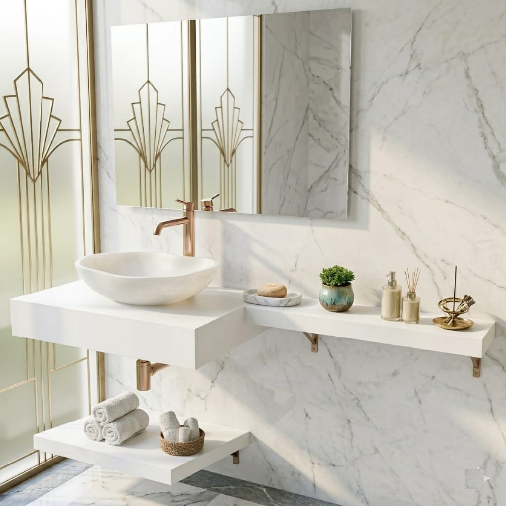 Bancada C/ Prateleira e Extensor 60X30 cm Branco Em Porcelanato Para Cuba De Apoio