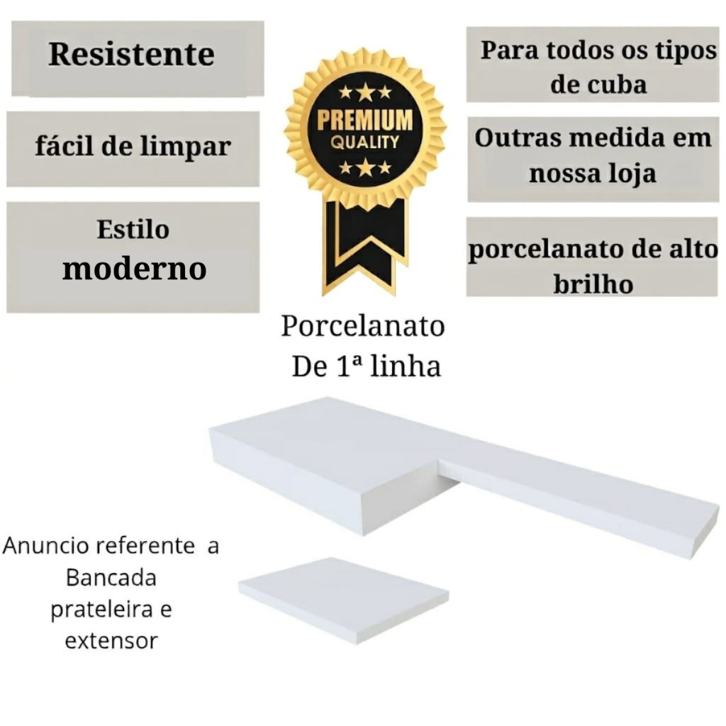 Bancada C/ Prateleira e Extensor 60X30 cm Branco Em Porcelanato Para Cuba De Apoio — imagem 2 de 2