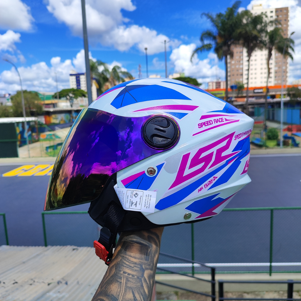 Capacete Aberto New Liberty 3 Personalizado Adesivado LS2 Draze Air Flow Rosa Feminino + Viseira Camaleão