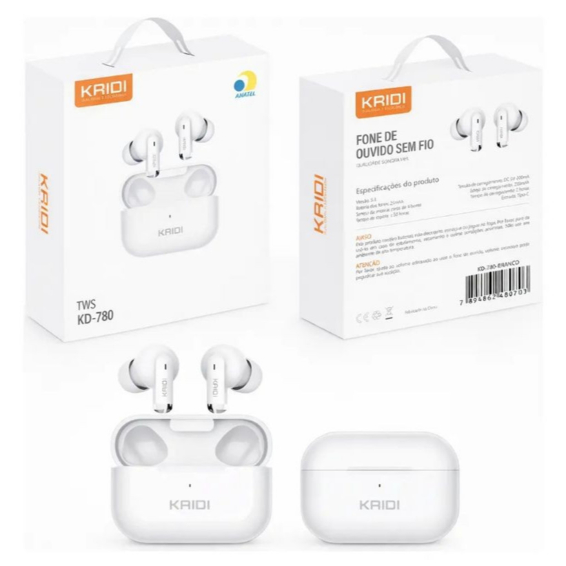 Fone De Ouvido Sem Fio Bluetooth TWS 780 Kaidi Cor Branco e Preto