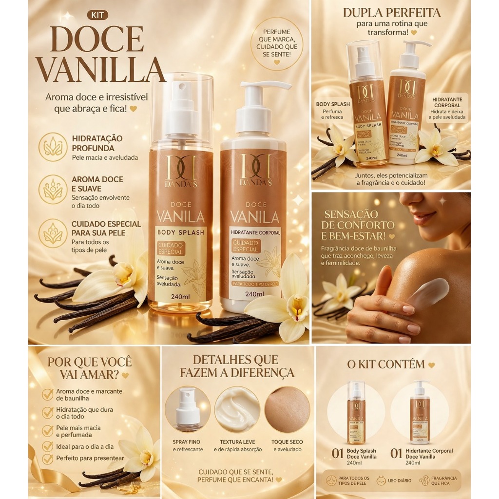 Kit Body Splash + Hidratante Doce Vanilla Danda’s 240ml | Perfume Doce, Pele Hidratada e Cheirosa