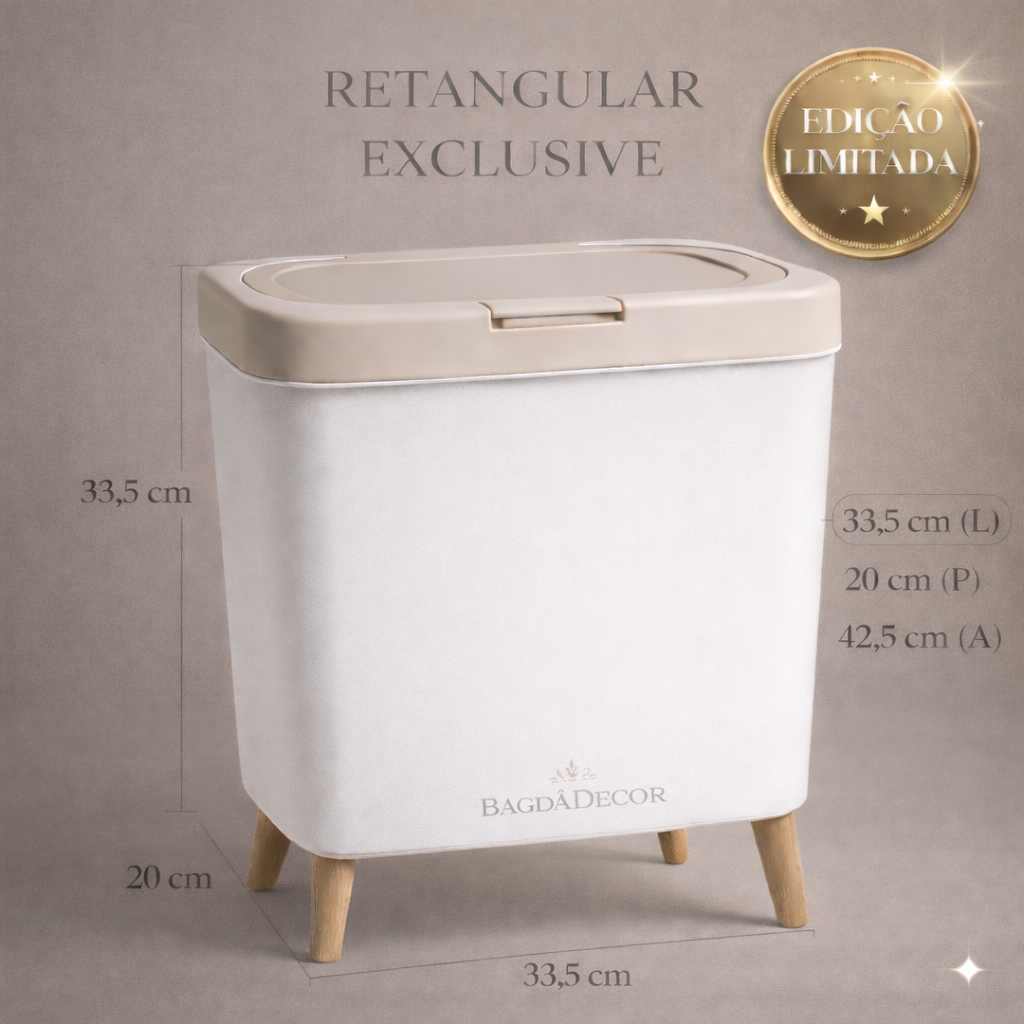 Lixeira De Plástico 9/8 Litros Branca Com Pés De Bambu Com Tampa Click De Pressão Cozinha Banheiro