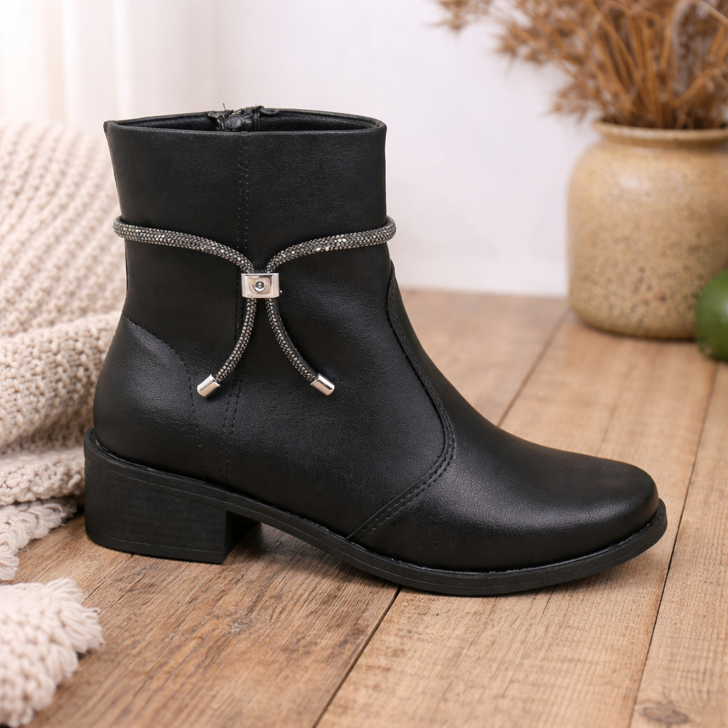 Bota Feminina Salto Baixo Cano Curto Bico Redondo Coturno Feminino Laço Zíper Preto Figueiroa