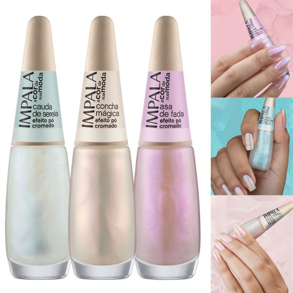 Esmalte Impala Efeito Pó Cromado - A Cor Da Sua Moda 7 - Lançamento - Kit com 3