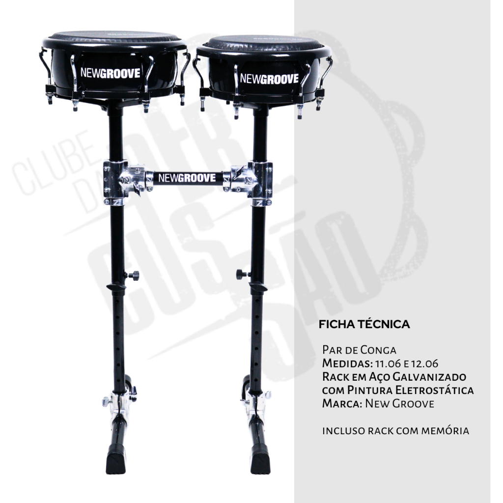 Congas Compactas NewGroove Original 11.06 e 12.06 Par Preta com Rack Preto Aço