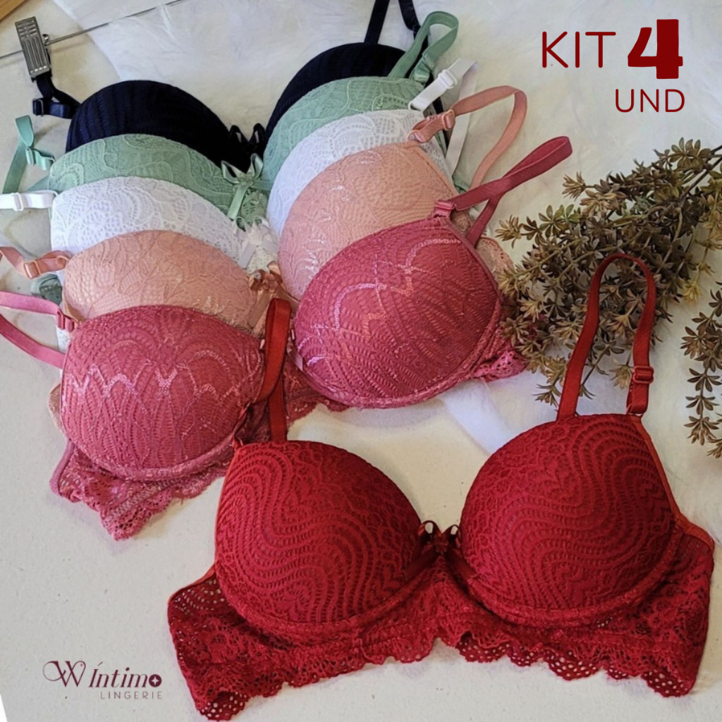 Kit com 4 Sutiãs Bojo de Renda Lingerie Feminina Sutian Soutien Básico Luxo