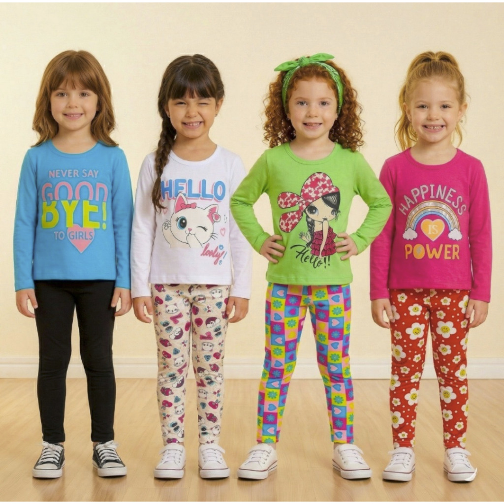 Kit 4 Peças Roupa Infantil Menina Moda Feminina 2 Camiseta Manga Longa e 2 legging Algodão 1 ao 16