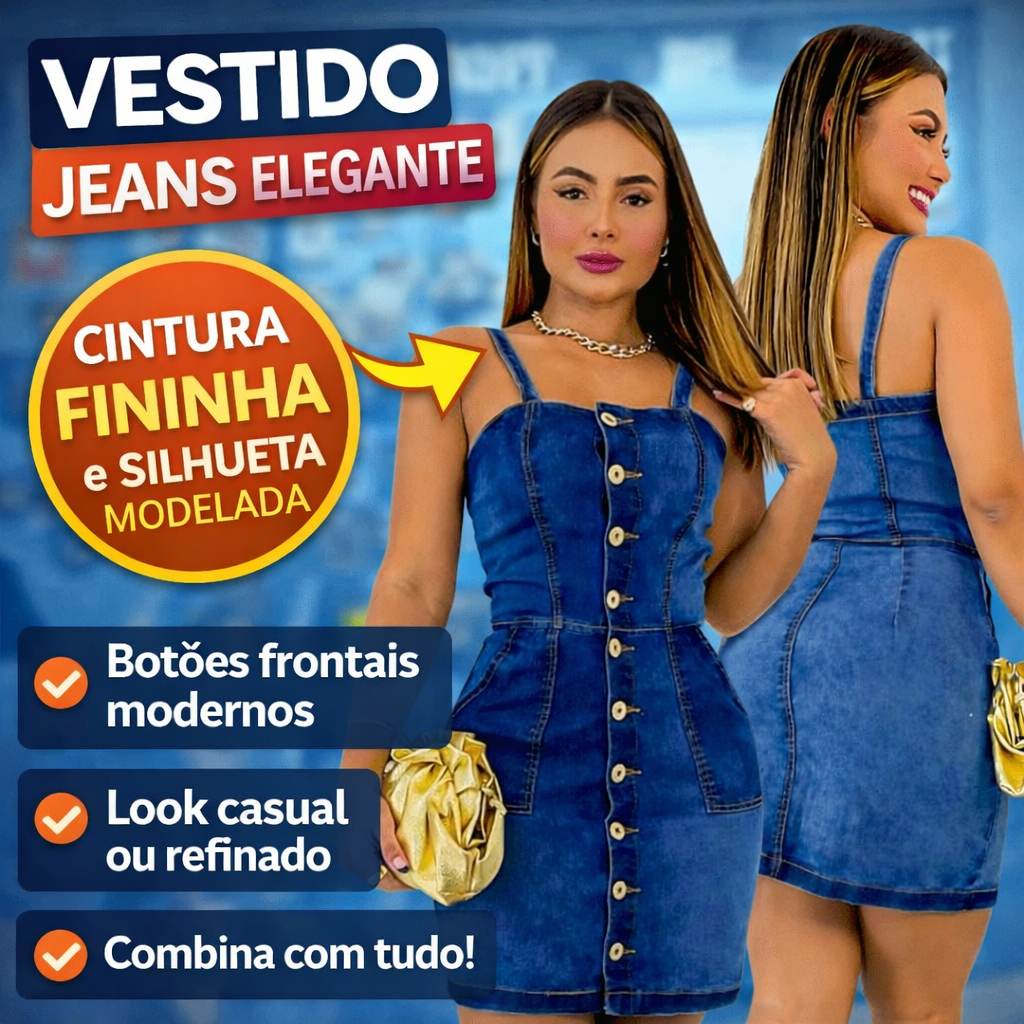 Vestido Jeans Feminino com Botões Esmaecido Lycra Curto Alça Fina Cher Moda