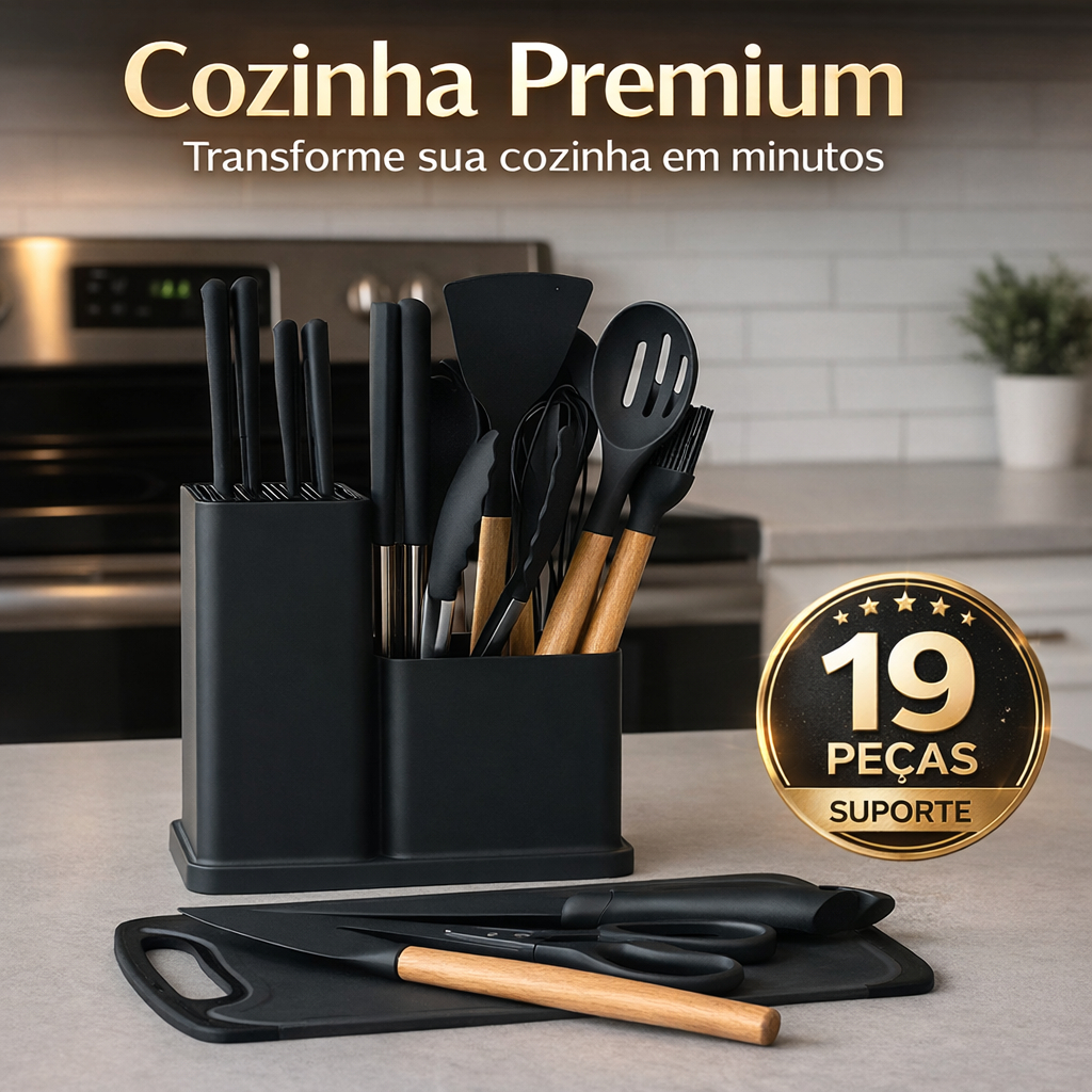 Conjunto Utensílios Cozinha 19 Peças Silicone com Suporte | Kit Completo Resistente Antiaderente
