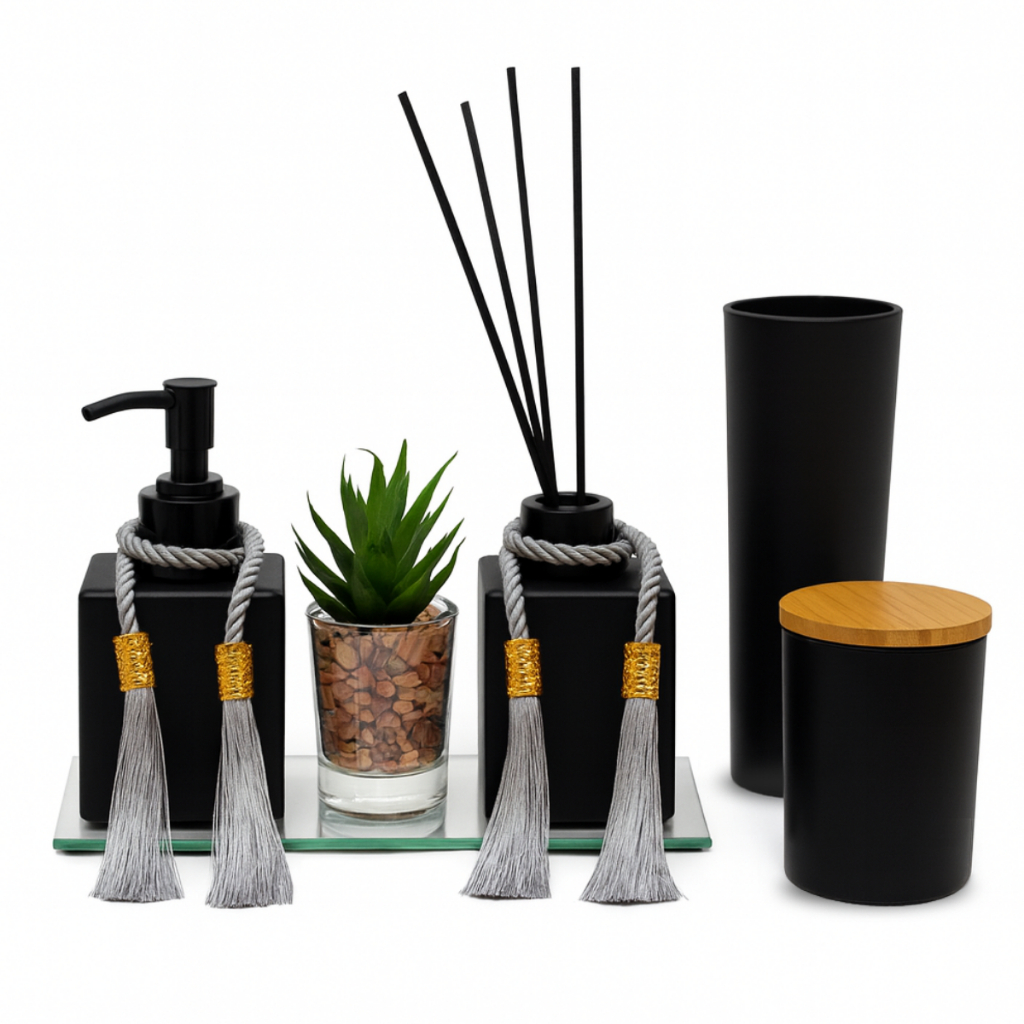 Kit Lavabo Luxo De Vidro C/ Difusor Aromatizador, Saboneteira Vidro&decor 10 Peças