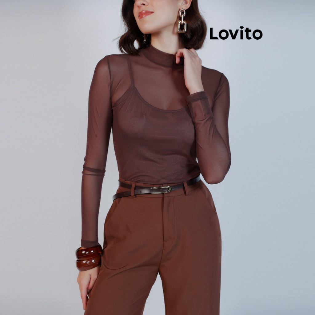 Lovito Blusa Casual Feminina de Tule Manga Longa Moda Mulher BLB16921722