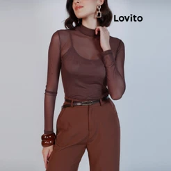 Lovito Blusa Casual Feminina de Tule Manga Longa Moda Mulher BLB16921722