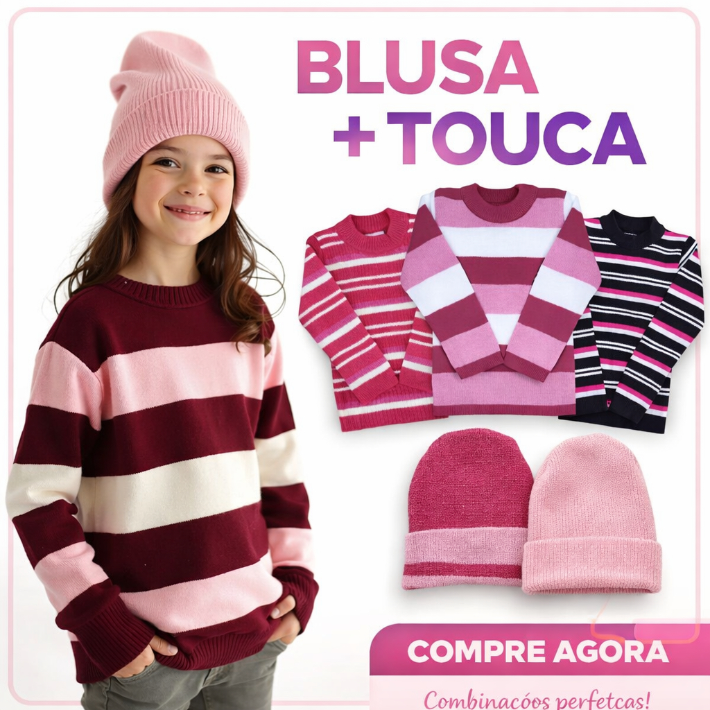 Kit 2 Blusas de Lã + Touca Infantil Juvenil Menina Inverno