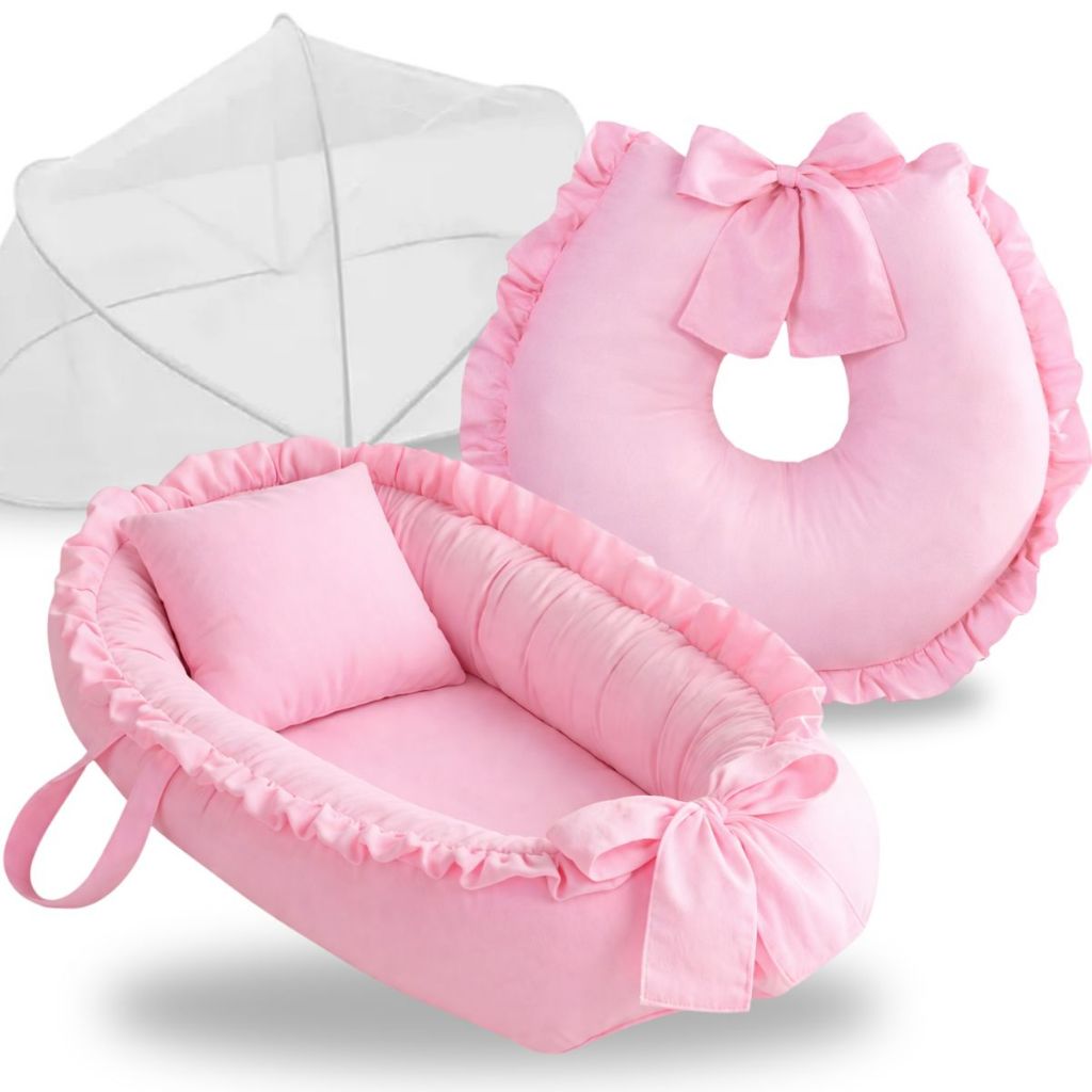 Ninho Redutor de Berço Bebe Menina Menino + Almofada Amamentação + Mosquiteiro Kit 3 Peças Rosa Azul