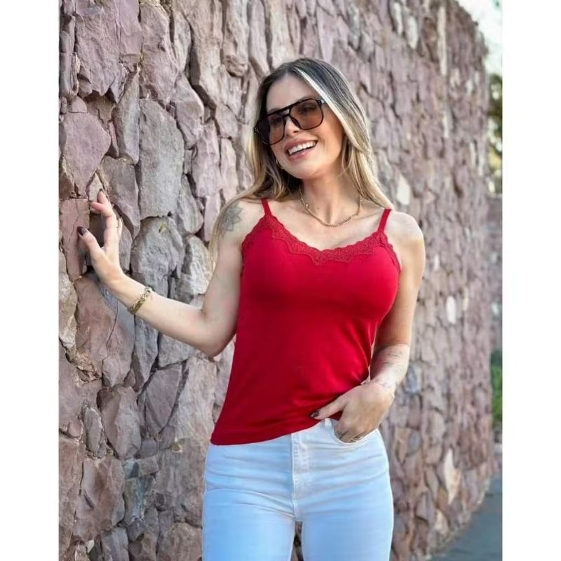 Regata Feminina com Renda e Alça Regulável | Básica Premium com Elastano | Confortável e Ajuste Perfeito