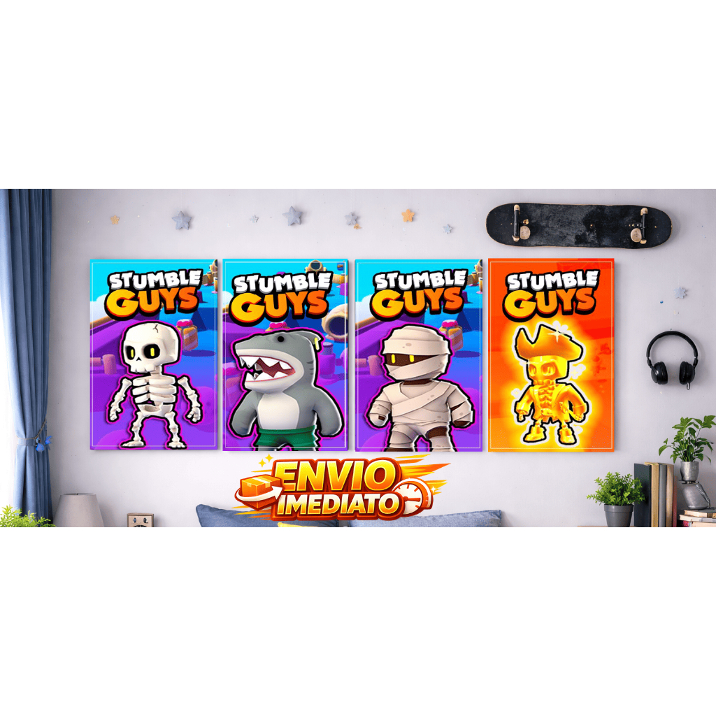 Kit 4 Quadros MDF 20x28 Estilo Stumble Game Personagens Coloridos Decoração Gamer com Fita Dupla Face inclusa