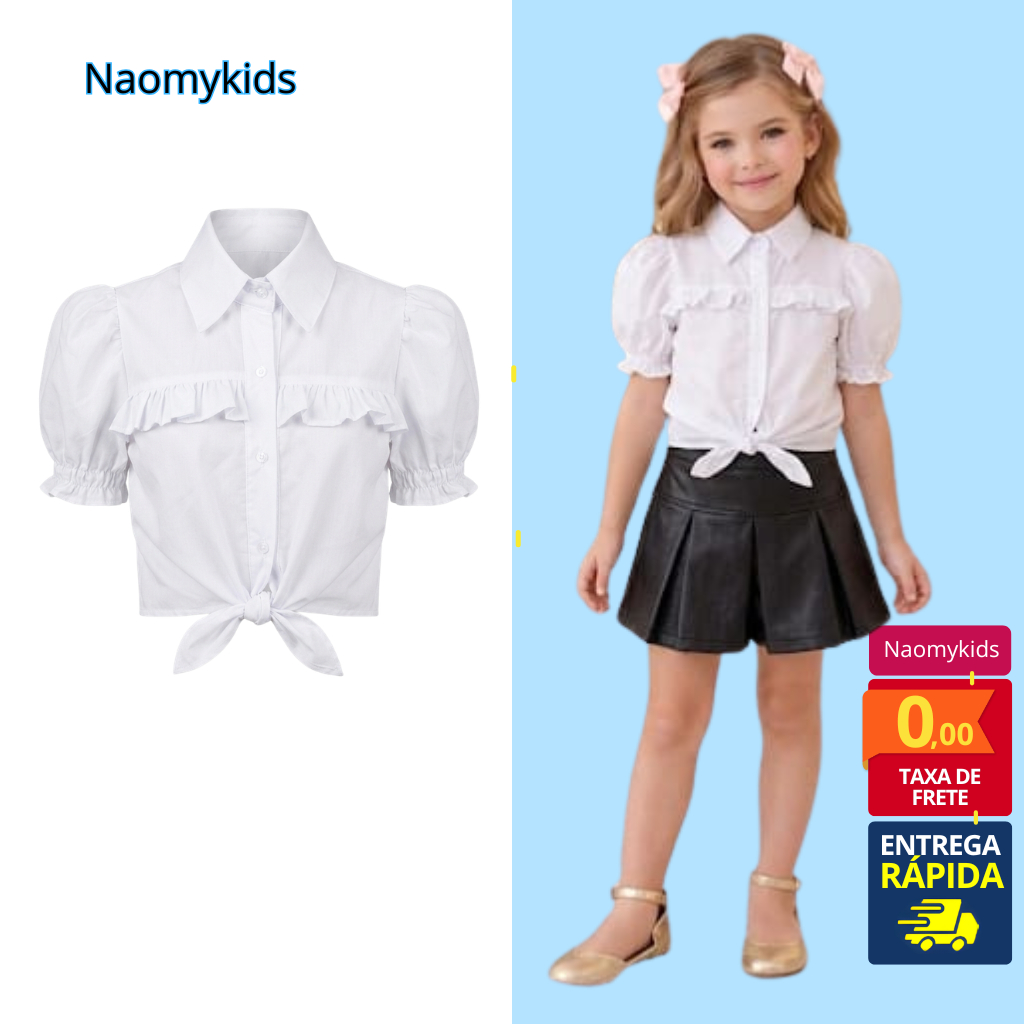 Camisa Social infantil menina manga curta bufante com babado e laço