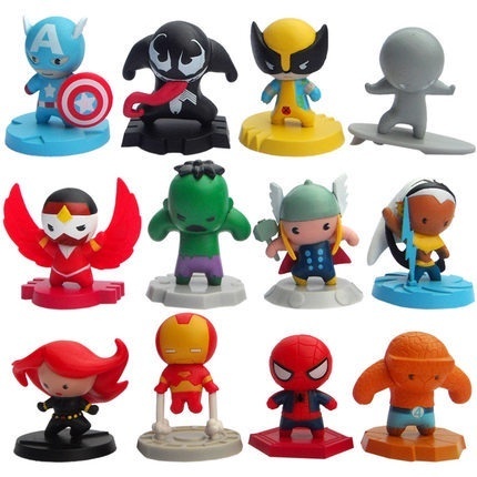 Miniaturas da Marvel Hulk, Wolverine, Homem de Ferro, Homem Aranha, Gavião, Thor, Surfista Prateado