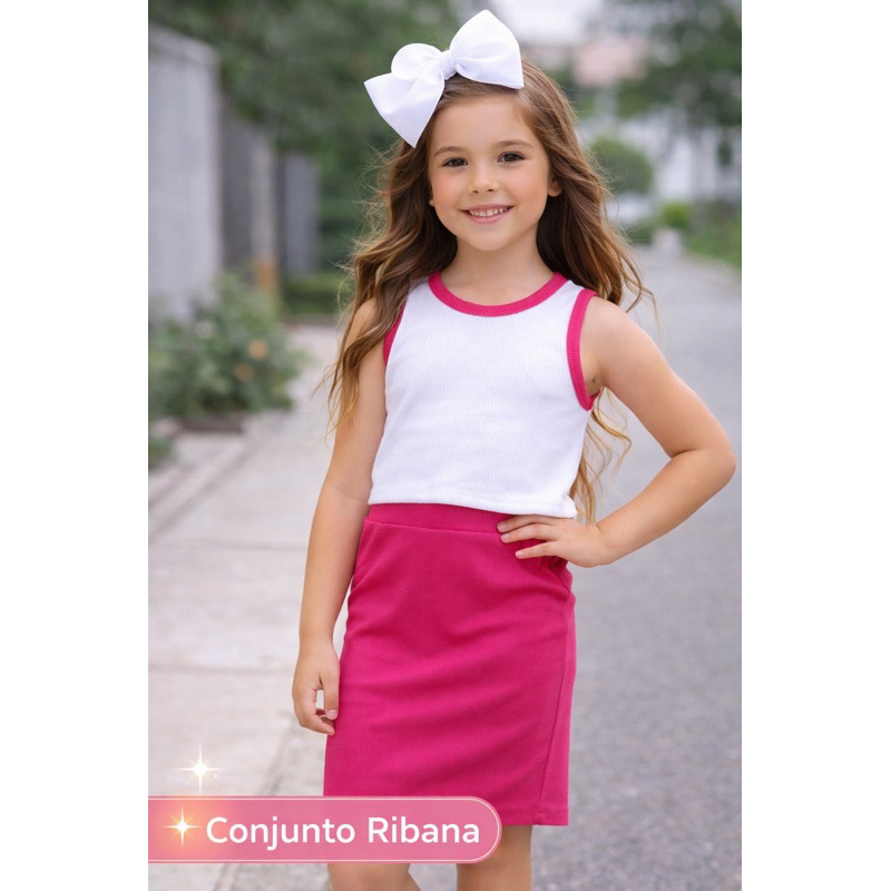 Conjunto infantil feminino canelado cropped e saia midi ribana infantil verão TAM 4 ao 14