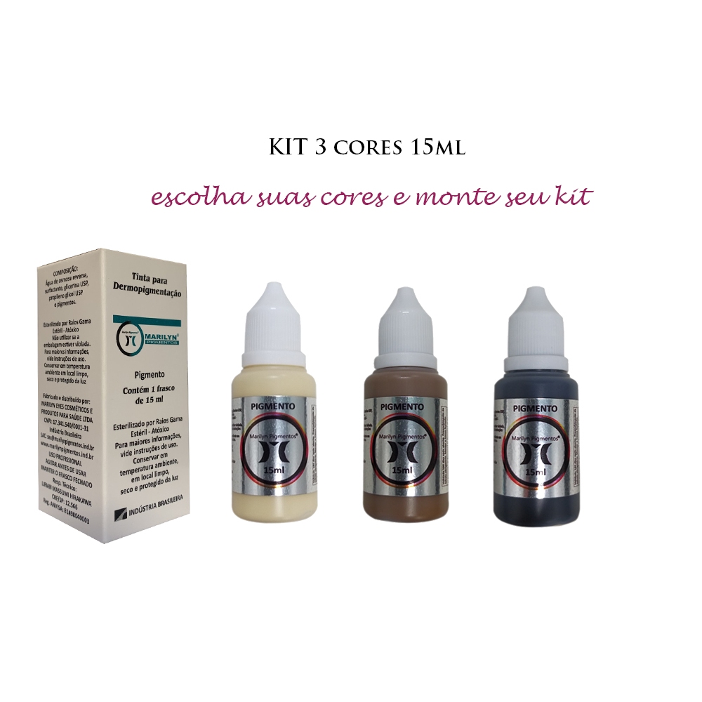 Pigmentos Marilyn Kit 3 unidades 15ml Micropigmentação Tebori sobrancelha lábios pele