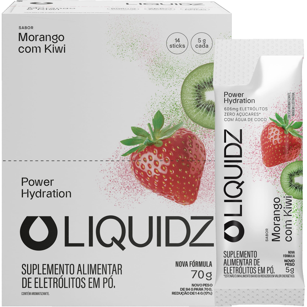 LIQUIDZ® - Eletrólitos Zero Açúcares - Sabor Morango com Kiwi  - Kit 1 Caixa - 14 sachês