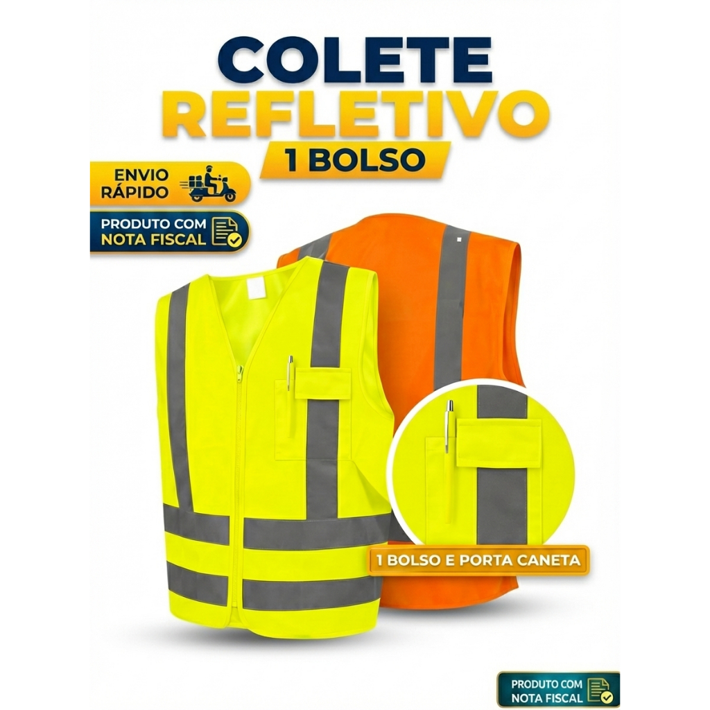 Colete Refletivo Segurança Sinalização Obra Transito Blusão Amarelo Laranja EPI 4 Faixa Visibiliadad em Oferta na Shopee