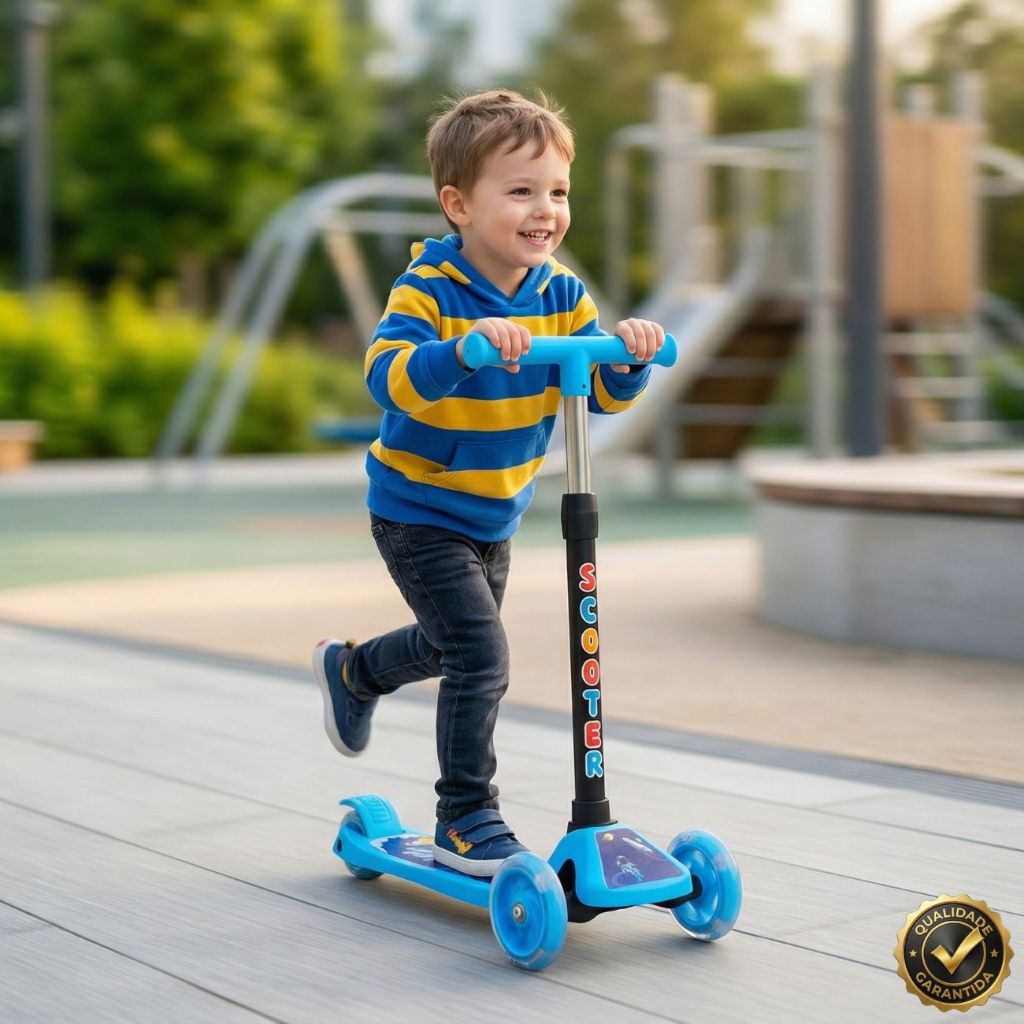 Patinete Infantil 3 Rodas Dobrável com Luzes LED Freio Guidão Ajustável Menina Menino Até 35kg