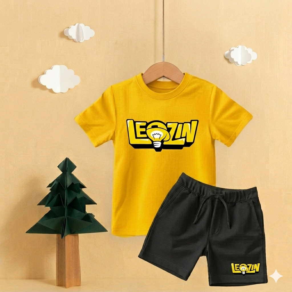 Conjunto Infantil Camiseta e Bermuda Moletinho Leozin Criança Menino Menina Camisa Kit Verão Kids