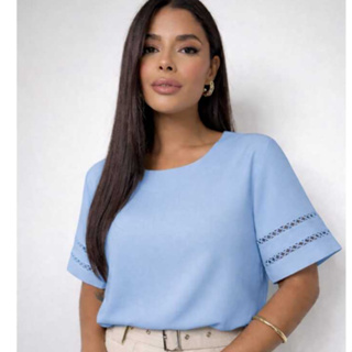 Blusa Feminina Manga Curta com Detalhe em Renda Caimento Leve Elegante / Tecido Viscolinho em Oferta na Shopee