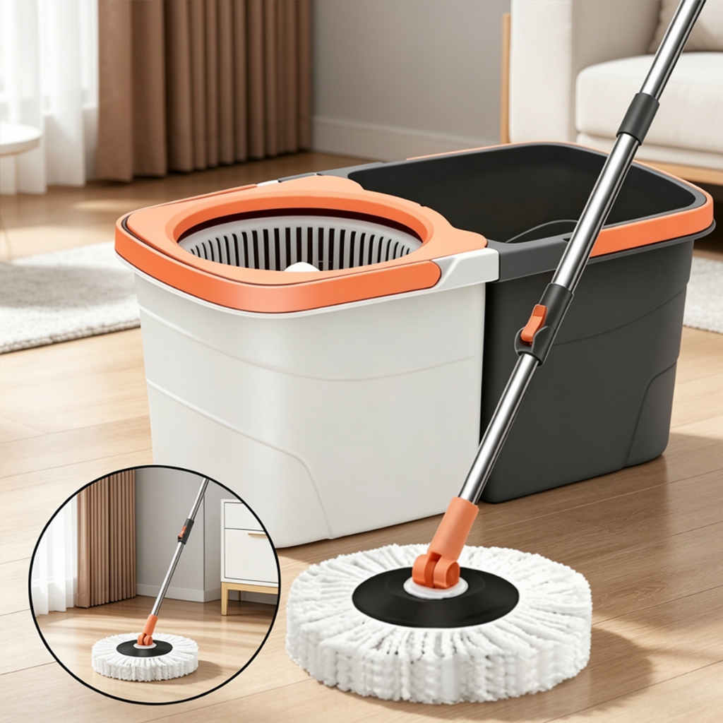 Mop Giratório 360° Duo com Cesto Plástico Duas Águas,Desmontável,Prático para Limpeza Rápida Profunda Eficiente