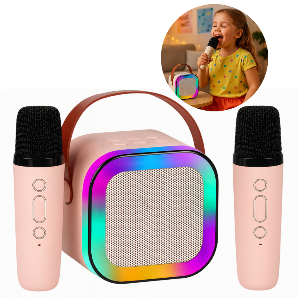 Caixinha de Som com 2 Microfones Sem Fio Portátil Infantil Alto-Falante Bluetooth Karaokê