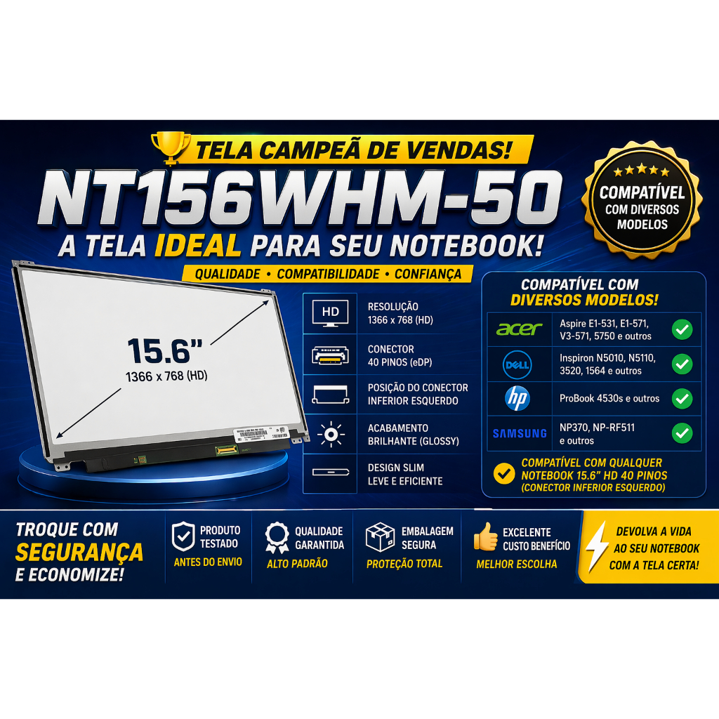 Display Notebook 15.6 HD 1366x768 40 Pinos NT156WHM-N50 Envio Rápido